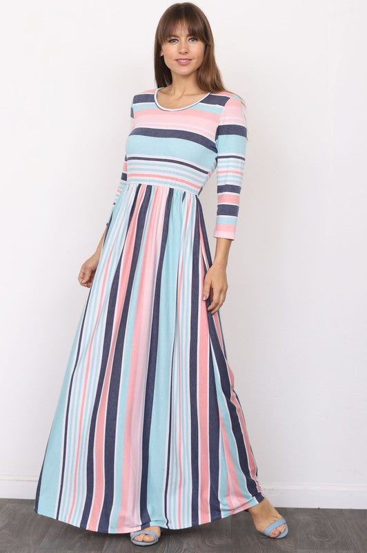 Women's Quarter Sleeve Striped Maxi Dress