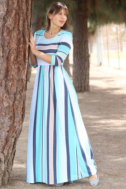 Women's Quarter Sleeve Striped Maxi Dress