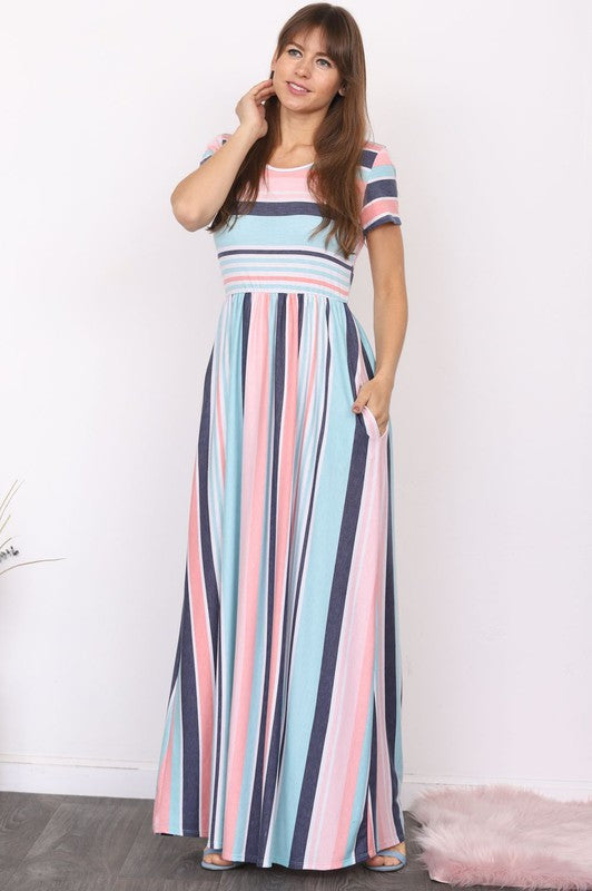 Plus Size Stripe Short Sleeve Maxi Dress