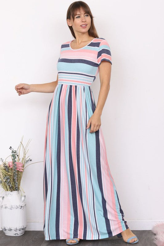 Plus Size Stripe Short Sleeve Maxi Dress