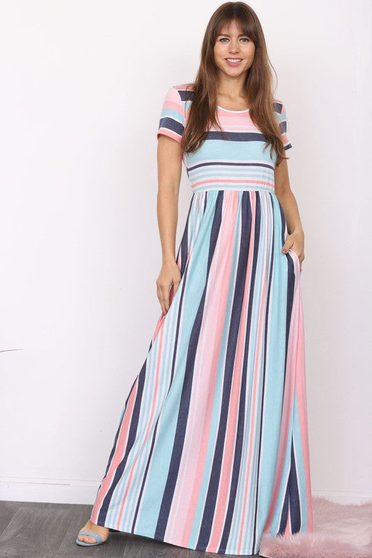 Women's Short Sleeve Stripe Maxi Dress