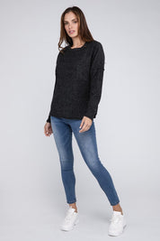 Women's Oversized Ribbed Melange Hacci Sweater with Pocket