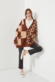 Women's Checkered Oversized Sweater with Button Closure