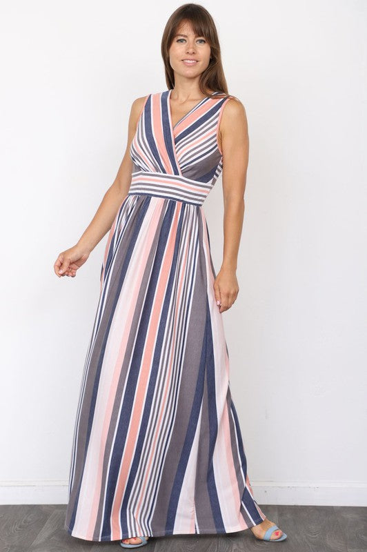 Women's Surplice Vintage Stripe Maxi Dress