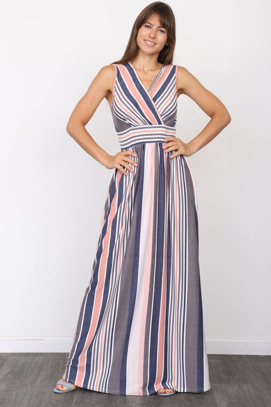 Women's Surplice Vintage Stripe Maxi Dress