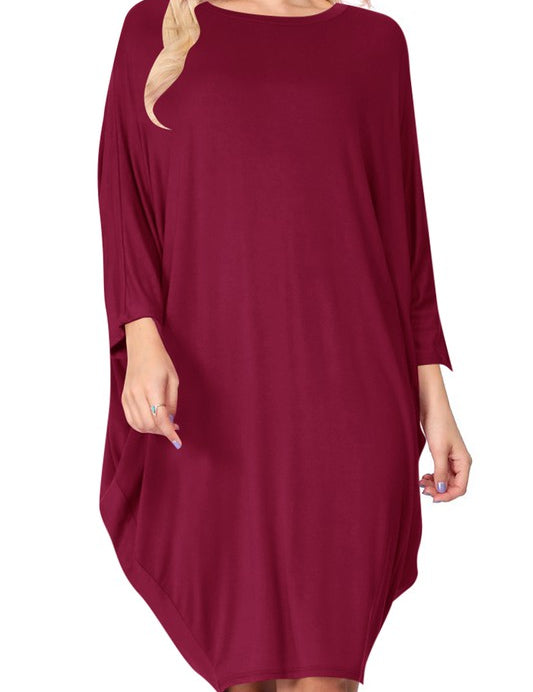 Women's Solid Knit Dress with Long Dolman Sleeves