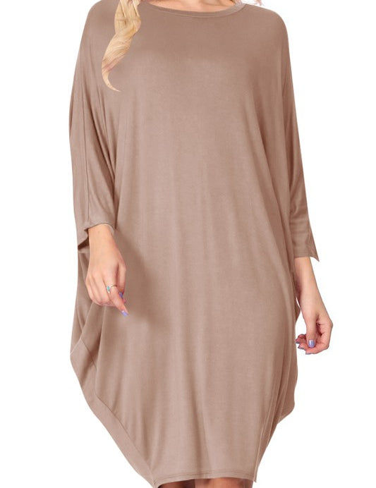 Women's Solid Knit Dress with Long Dolman Sleeves