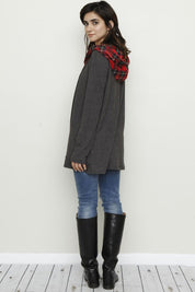 Women's Hooded Plaid Trimmed Cardigan