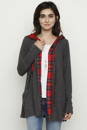 Women's Hooded Plaid Trimmed Cardigan