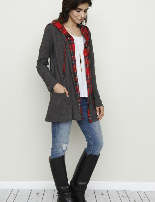 Women's Hooded Plaid Trimmed Cardigan