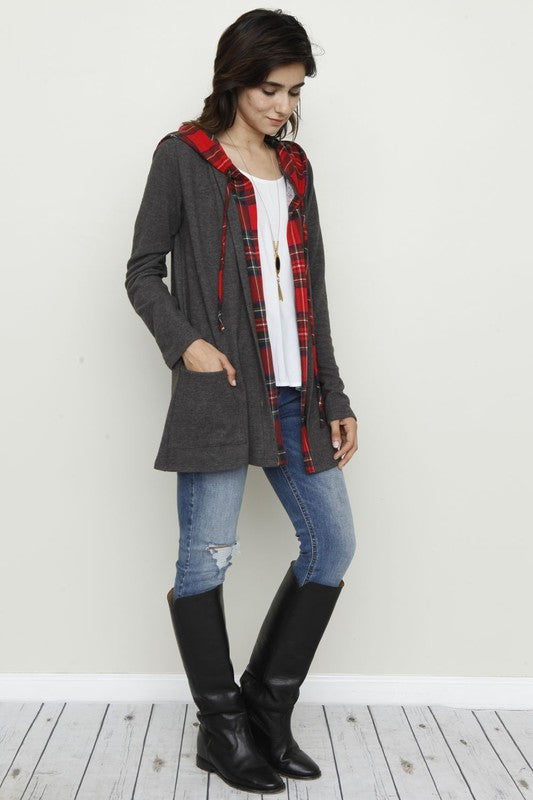 Women's Hooded Plaid Trimmed Cardigan