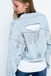 Women's Fitted Rhinestone Fringe Distressed Denim Jacket