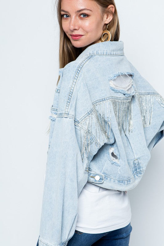 Women's Fitted Rhinestone Fringe Distressed Denim Jacket