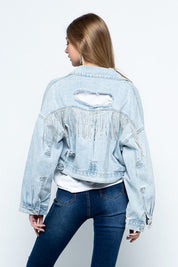 Women's Fitted Rhinestone Fringe Distressed Denim Jacket