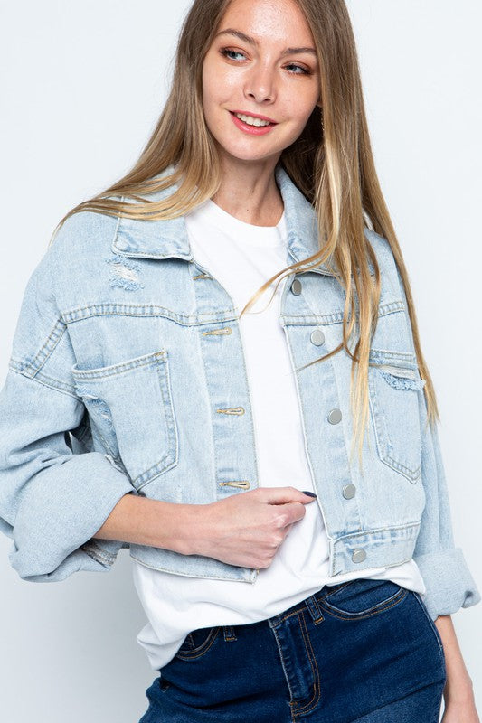 Women's Fitted Rhinestone Fringe Distressed Denim Jacket