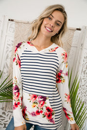 Women's Casual Stripe Floral Print Hoodie Plus Top