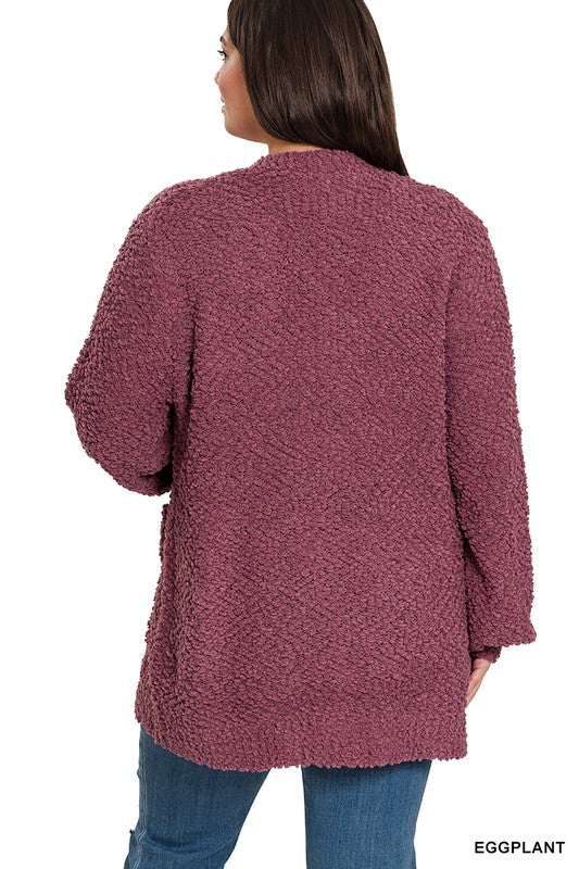 Women's Loose Fit Plus Puff Sleeve Cardigan with Pockets