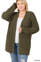 Women's Loose Fit Plus Puff Sleeve Cardigan with Pockets