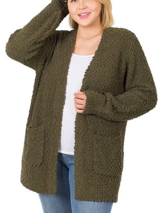 Women's Loose Fit Plus Puff Sleeve Cardigan with Pockets