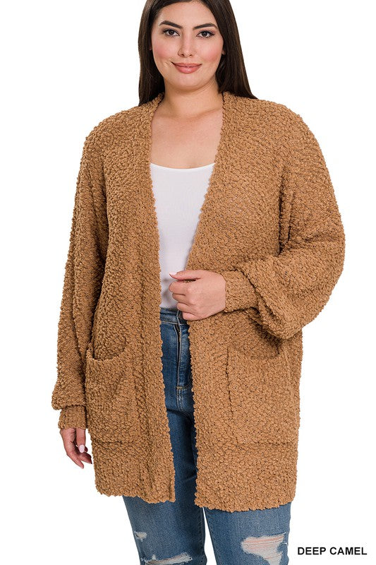 Women's Loose Fit Plus Puff Sleeve Cardigan with Pockets