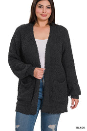 Women's Loose Fit Plus Puff Sleeve Cardigan with Pockets