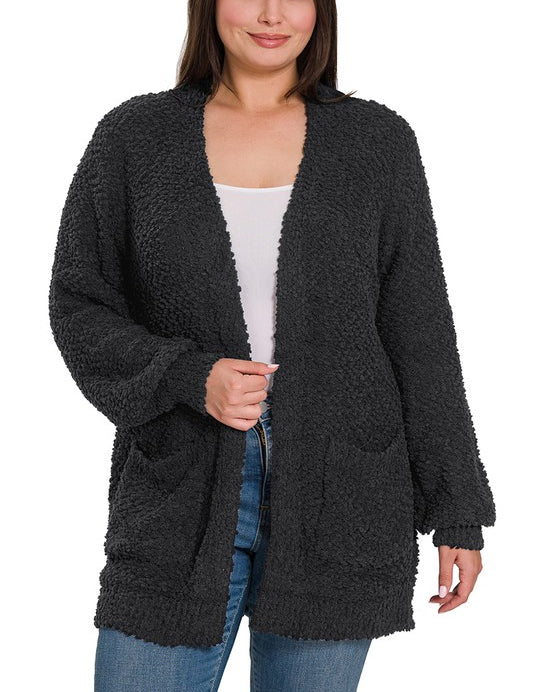 Women's Loose Fit Plus Puff Sleeve Cardigan with Pockets