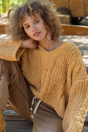 Women's Casual V-Neck Twisted Knit Crop Sweater