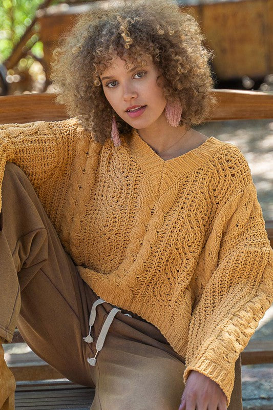 Women's Casual V-Neck Twisted Knit Crop Sweater