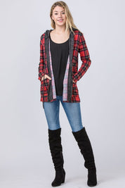 Women's Hooded Plaid Trimmed Cardigan