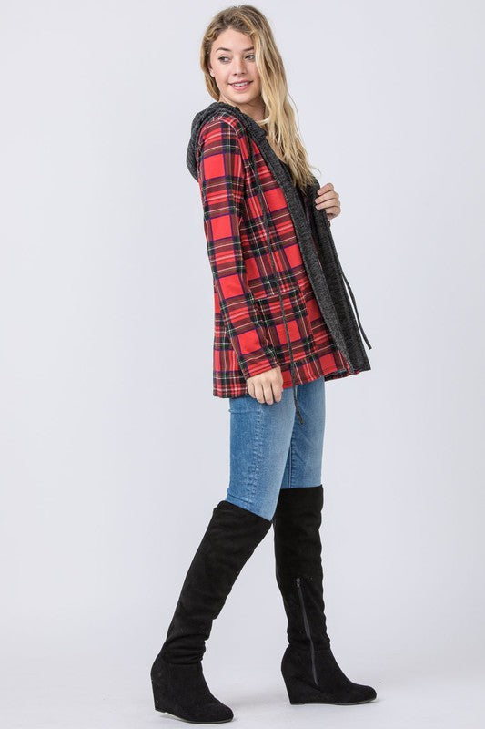 Women's Hooded Plaid Trimmed Cardigan