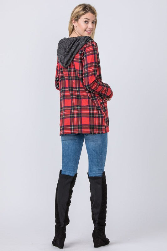 Women's Hooded Plaid Trimmed Cardigan