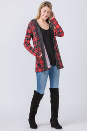 Women's Hooded Plaid Trimmed Cardigan