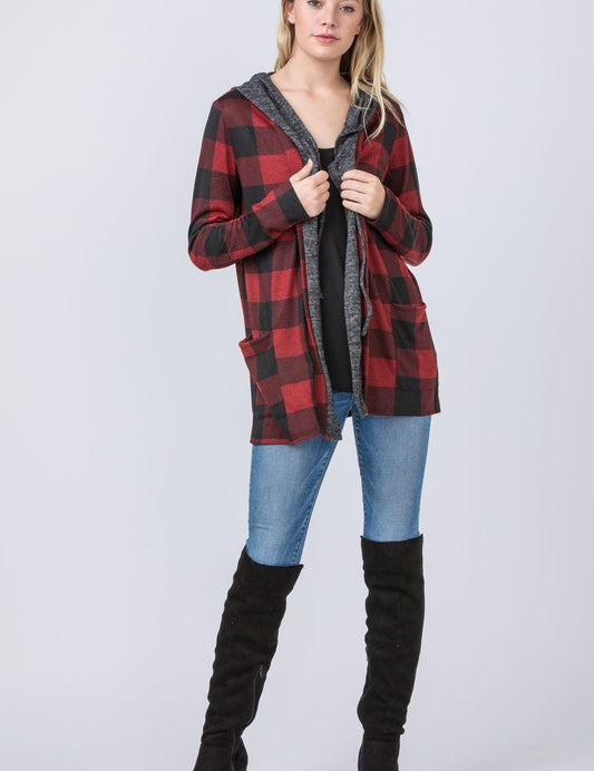 Women's Buffalo Plaid Hooded Cardigan