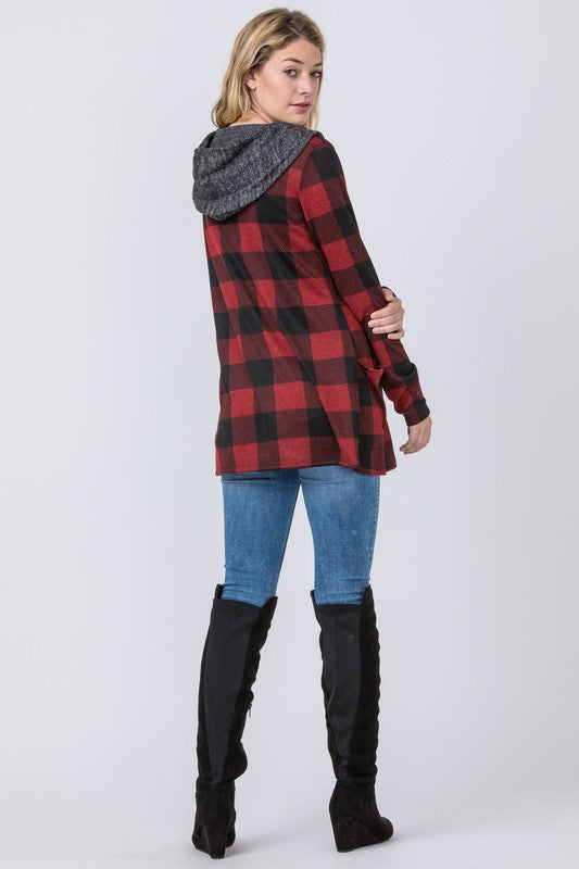 Women's Buffalo Plaid Hooded Cardigan