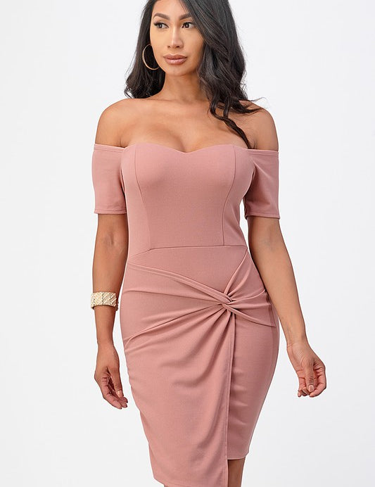 off the shoulder front twist bodycon dress