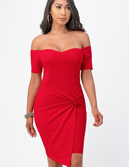 off the shoulder front twist bodycon dress