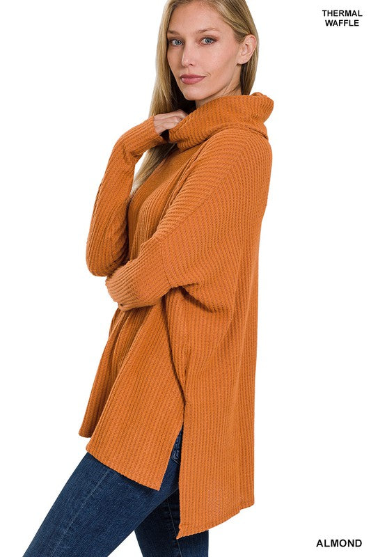 Women's Relaxed Fit Hi-Low Thermal Waffle Cowl Neck Sweater