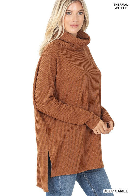 Women's Relaxed Fit Hi-Low Thermal Waffle Cowl Neck Sweater