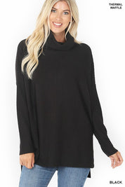 Women's Relaxed Fit Hi-Low Thermal Waffle Cowl Neck Sweater