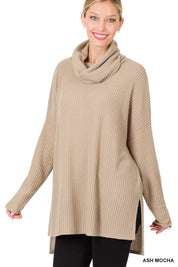 Women's Relaxed Fit Hi-Low Thermal Waffle Cowl Neck Sweater