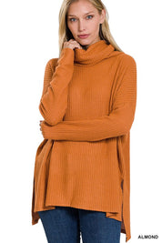 Women's Relaxed Fit Hi-Low Thermal Waffle Cowl Neck Sweater