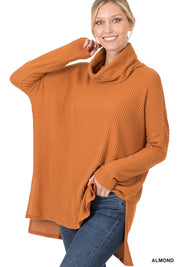 Women's Relaxed Fit Hi-Low Thermal Waffle Cowl Neck Sweater