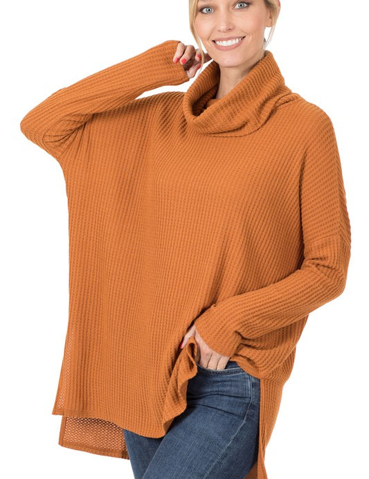 Women's Relaxed Fit Hi-Low Thermal Waffle Cowl Neck Sweater