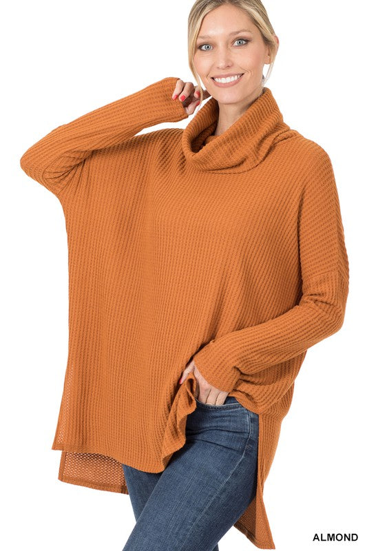 Women's Relaxed Fit Hi-Low Thermal Waffle Cowl Neck Sweater