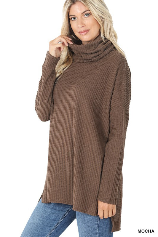 Women's Relaxed Fit Hi-Low Thermal Waffle Cowl Neck Sweater