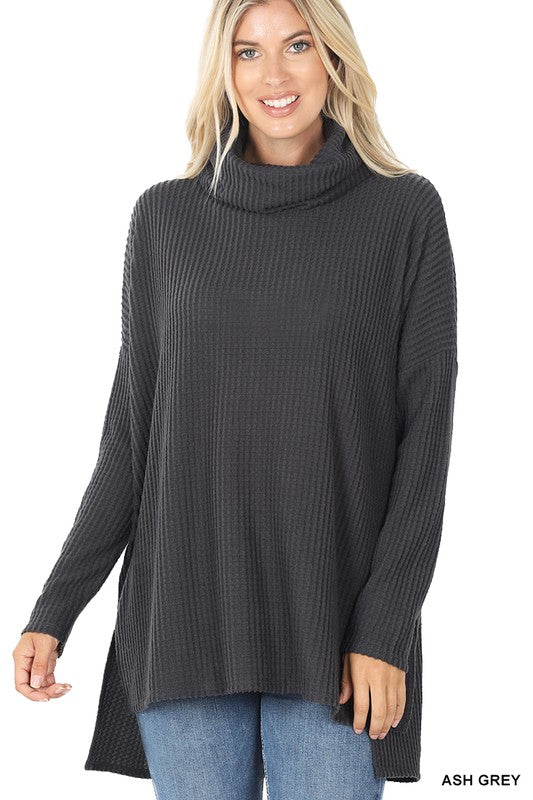 Women's Relaxed Fit Hi-Low Thermal Waffle Cowl Neck Sweater