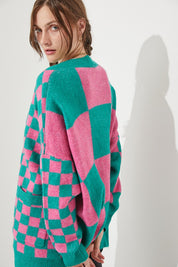 Women's Checkered Oversized Sweater with Button Closure