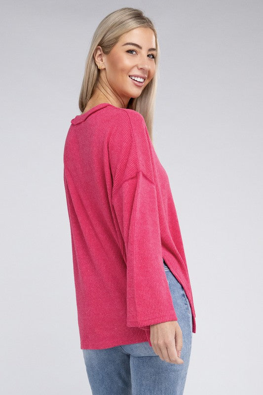 Women's Casual Ribbed Henley Sweater with Bell Sleeves