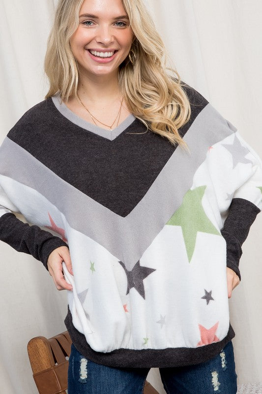 Women's Oversized V Neck Star Print Pullover Top