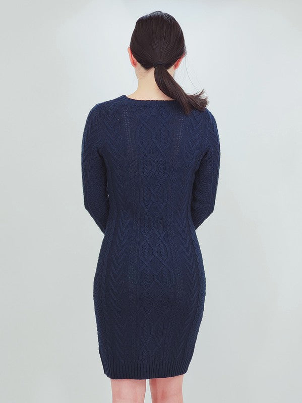 Women's Cable Knit Long Sleeve Midi Sweater Dress